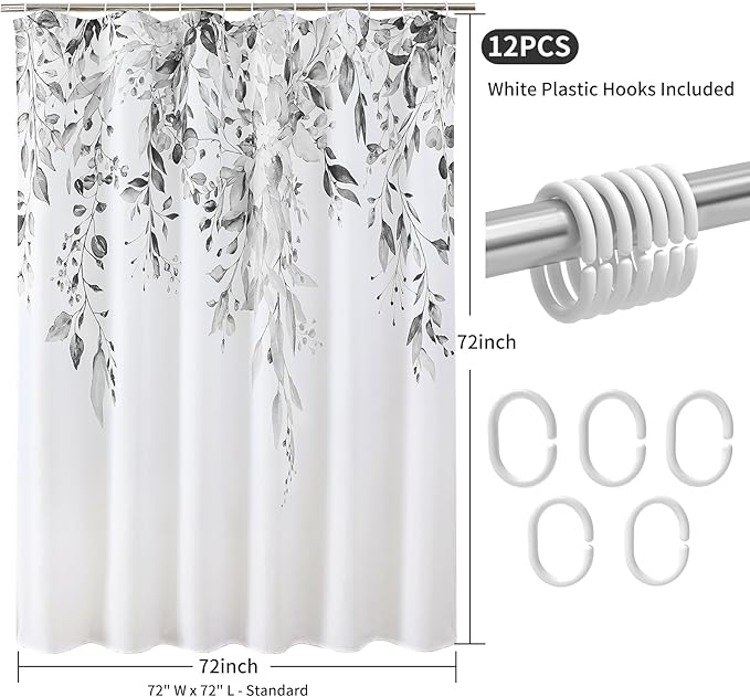 Colorful Star Grey Eucalyptus Waterproof Shower Curtain Set with Hooks, Minimalist Watercolor Floral Print Bathroom Décor, Plant Leaves Washable Fabric Shower Curtain, 72 x 72 Inch