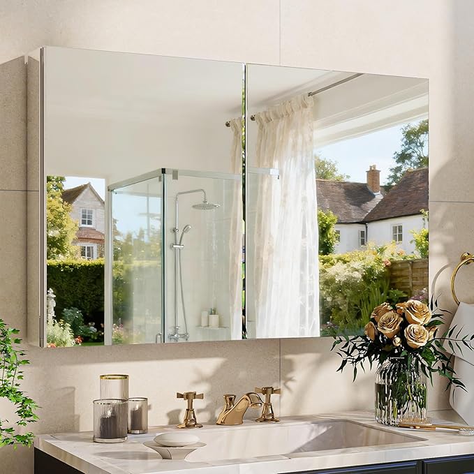 BEAUTYPEAK 40 x 26 Inch Medicine Cabinet with Mirror, Wall Mounted Bathroom Mirror Cabinet, Medicine Cabinet Mirror with Storage & Adjustable Shelves