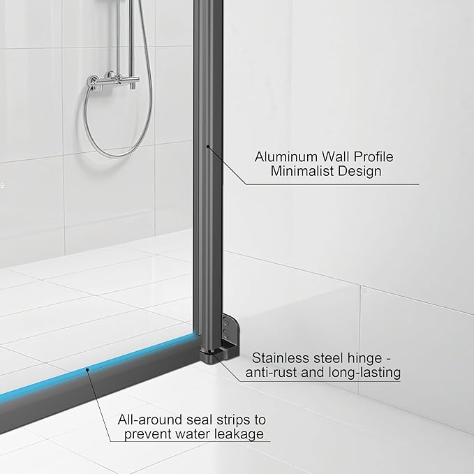 36-Inch Black Shower Door – 72" Height – 115° Opening (Left/Right) – Magnetic Seal – Aluminum Frame – Sliding/Walk-in Glass Enclosure – Tempered Glass