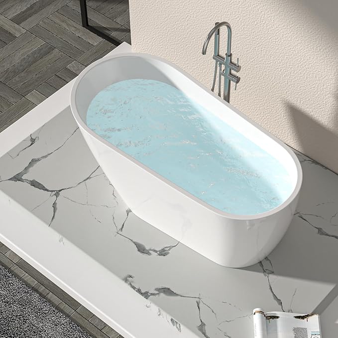 Logmey 59 Inch White Acrylic Freestanding Bathtub with Overflow Oval Shape Soaking Tub with Chrome Drain Assembly for Modern Classic Bathrooms