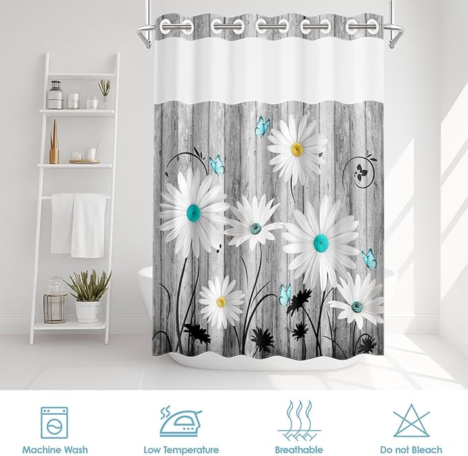 No Hook Flower Daisy Shower Curtain with Snap in Fabric Liner Set, Gray Wooden Boards Double Layers Waterproof Fabric with See Through Top Window Open Grommet Bath Curtain 71x86 Inch