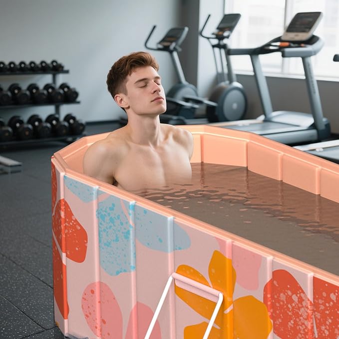 Portable Bathtub for Adults 59" Large Foldable No-Installation Soaking Tub for Shower Stall, Collapsible Standing Plunge Bath with Lid, 5-Layer Insulated Liner, Fast Drain (Pink, 59"×21.6"×19.6")