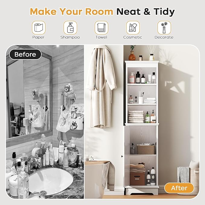 Narrow Bathroom Storage Cabinet with Door and Open Adjustable Shelves, 60.9" H Wooden Tall Tower Corner Farmhouse Cabinet, Freestanding Organizer for Kitchen, Entryway White