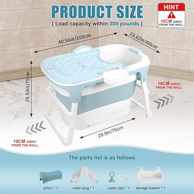 Portable Bathtub, 39 inch Portable Folding Bathtub for Adult, Portable Soaking Bath Tub with Ergonomic Seat & Massage Roller, Freestanding Surround Collapsible Tub for Hot Bath Ice Bath (Blue)