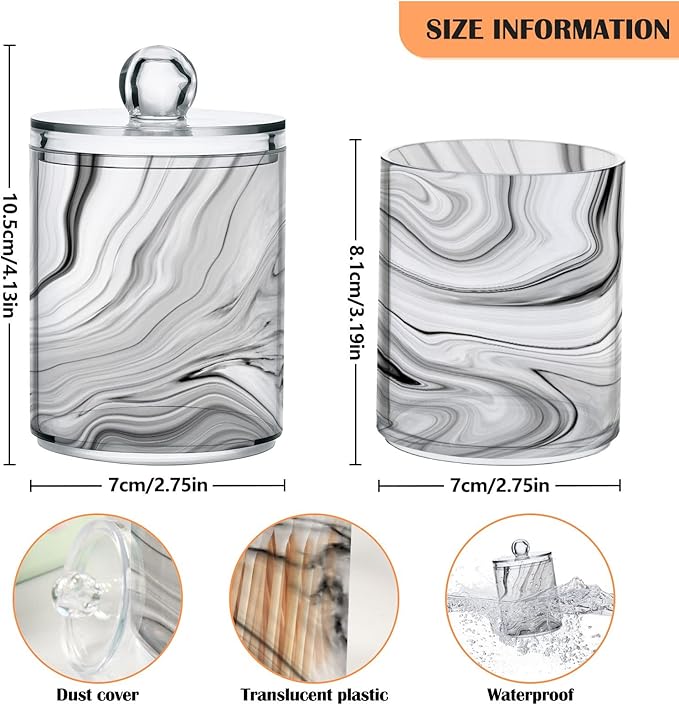 MNSRUU 4 Pack Qtip Holder Organizer Dispenser Fashion Grey Marble Bathroom Containers Bathroom Vanity Storage Canister Apothecary Jars for Cotton Swabs/Pads/Floss