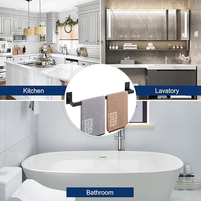 NearMoon Self Adhesive Bathroom Towel Bar, Stainless Steel Square Bath Wall Shelf Rack Hanging Towel Stick On Sticky Hanger Contemporary Style, Towel Rack Wall Mounted (24 Inch, Matte Black)