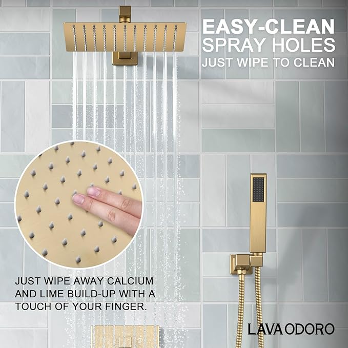 Lava Odoro Modern 3-Setting Square Shower and Tub Faucet Set with Shower Head and Handheld Sprayer Gold, Rainfall Shower System with Tub Spout, Shower Valve Trim Kit, Champagne Gold, SF103-SG-T