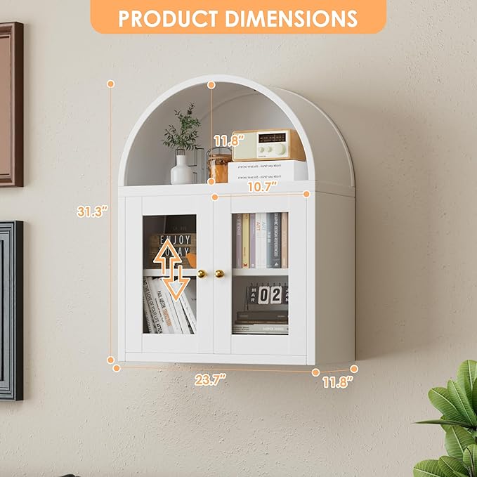 Arched Wall Cabinet, Bathroom Wall Mounted Cabinet with Glass Display Doors, Adjustable Shelves for Bathroom, Living Room, Dining Room, Laundry, Kitchen