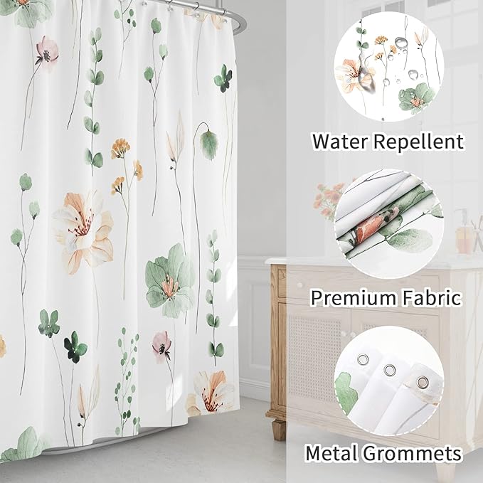 Gibelle Extra Long Shower Curtain 72 x 84, Watercolor Floral Fabric Shower Curtain, Sage Green Beige Flower Decorative Bathroom Shower Curtain Set