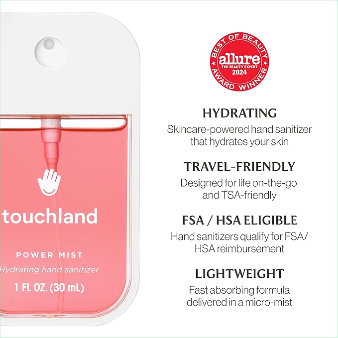 Touchland Hydrating Hand Sanitizer Spray, FRESH 5 Set (Mint, Citrus, Lemon Lime, Aloe, Watermelon), 1 FL. OZ. Travel Size Power Mist Sprays (Set of 5)
