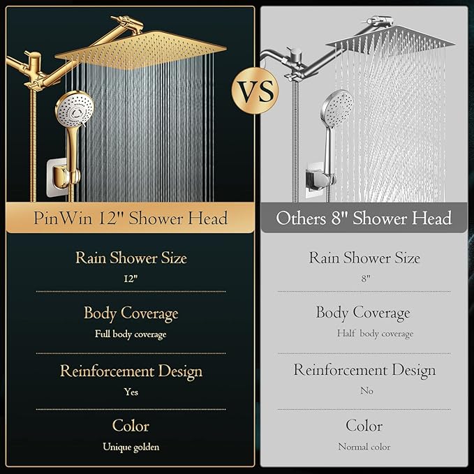 Shower Head,12'' Rain Shower Head with 11'' Adjustable Extension Arm and 5 Settings High Pressure Handheld Shower Head Combo,Powerful Shower Spray Against Low Pressure Water-Brushed Gold
