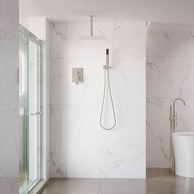 WELLFOR 12-In Ceiling Mount Shower System with Single Handle, Pressure-balanced Valve Included, Waterfall Dual Head Shower Head System, Rain Shower System, Shower Faucet Trim Kits, Brushed Nickel