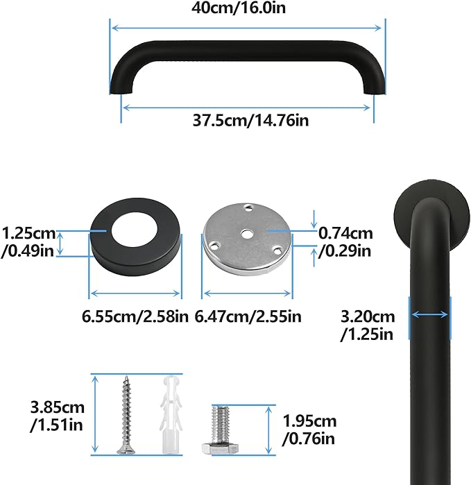Shower Grab Bar, 2 Pack 16 Inch Black Bathroom Grab Bar, 1.25" Diameter 304 Stainless Steel Grab Bars for Bathtubs and Showers, Handicap Shower Grab Bar for Seniors Elderly