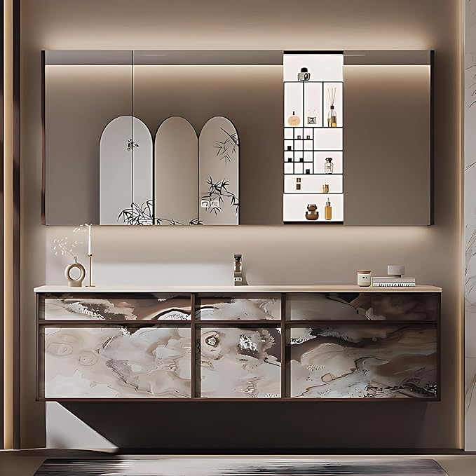 64IN Modern Bathroom Vanity with Sink - Bathroom Vanity with 2 Drawer Organizer, LED Mirror Lights & Defogging Function | Wall - Mounted Vanity with Silver Sink Faucet