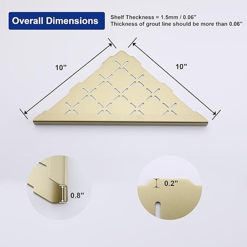 10" Corner Shower Shelf, 2-Pack Shower Shelves SUS304 Stainless Steel Bathroom Shelves for Tile Walls, Recessed Corner Shelf Organizer Rack, No Drilling (Brushed Gold)