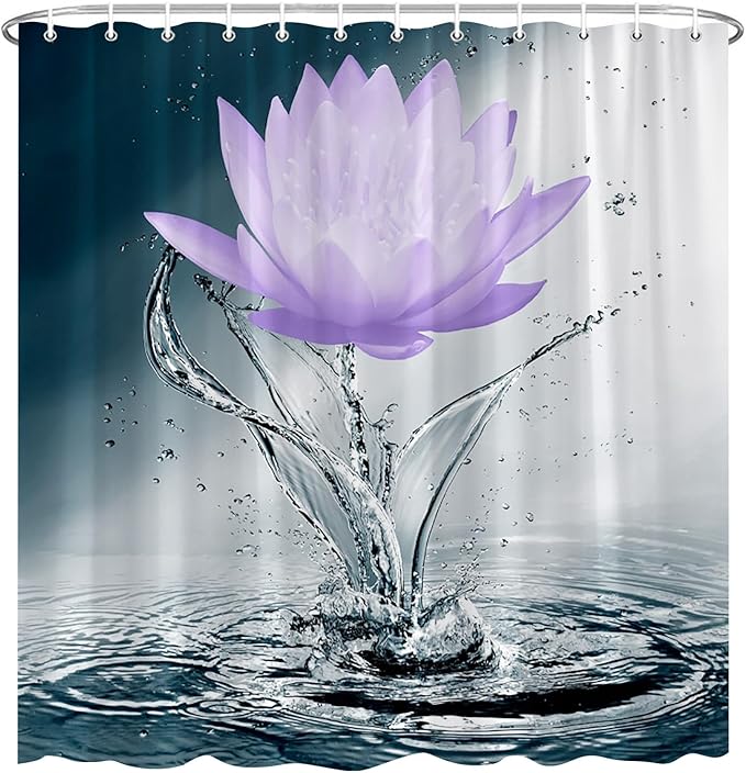 Lotus Shower Curtain Black White Blue Violet Flower Elegant Blooming Floral with Dew Spring Flower Reflection on Water Modern Romantic Polyester Fabric Bathroom Decor 70×78 Inch with Hook