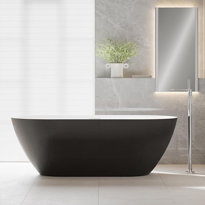 67 in Acrylic Freestanding Bathtub, Contemporary Stand Alone Tub,Glossy Black Soaking Tubs, Oval Bathtub with Chrome Overflow and Drain, CUPC Certified