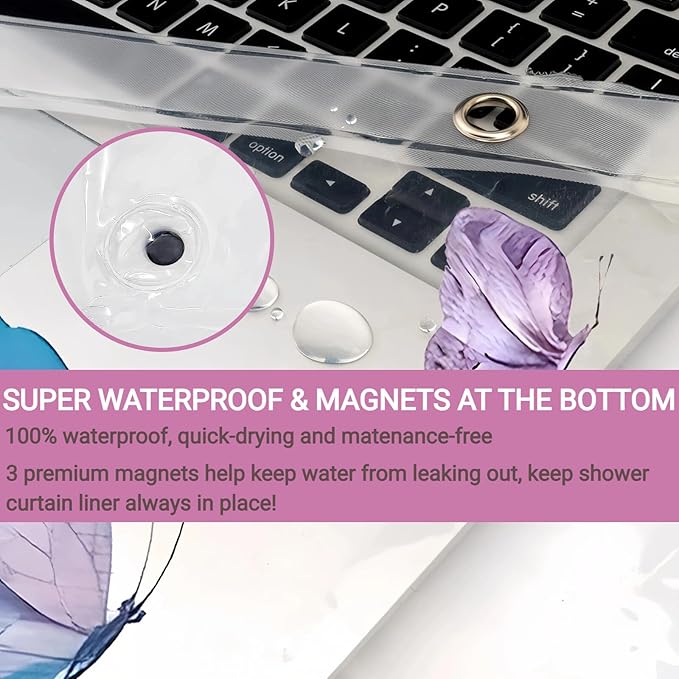 Clear Butterfly Shower Curtain Liner, Colorful Plastic Transparent Pretty Shower Curtains for Bathroom, 72x72 Weighted Magnetic Shower Curtain Set with 12 Hooks
