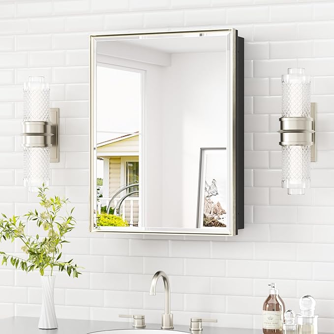 TETOTE Brushed Nickel Medicine Cabinet 20" x 26" Recessed or Surface Wall-Mounted Aluminum Alloy Framed Medicine Cabinet Stepless Adjustable Shelves