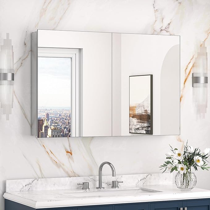 Keonjinn 40 x 26 Inch Medicine Cabinet, Assembly Required, Silver Bathroom Medicine Cabinets Mirror, Lightweight, Adjustable Shelves, Surface Mount or Recessed, Tempered Glass