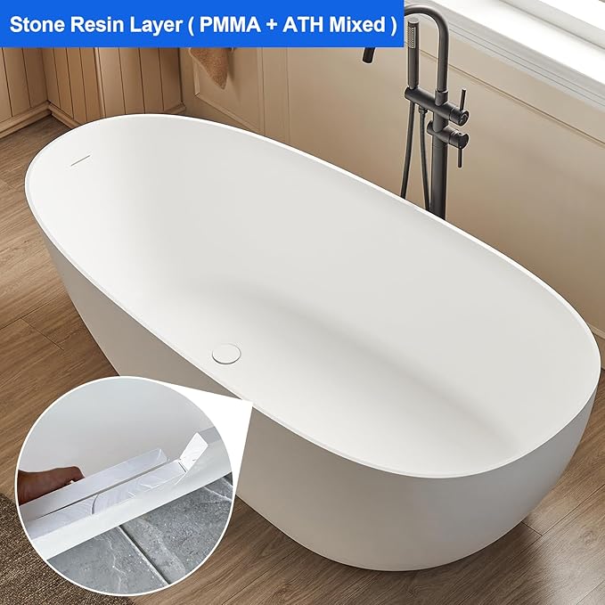 Cpingao 55" Stone Resin Freestanding Bathtub Contemporary Soaking Matte White Tub with Drain and Overflow, 8848-1400