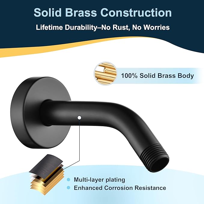 BRIGHT SHOWERS Shower Arm with Flange, Solid Brass 6 Inch Wall Mount Shower Head Extension, Extra Thick All Metal Shower Pipe Arm and Shower Neck Replacement, Matte Black