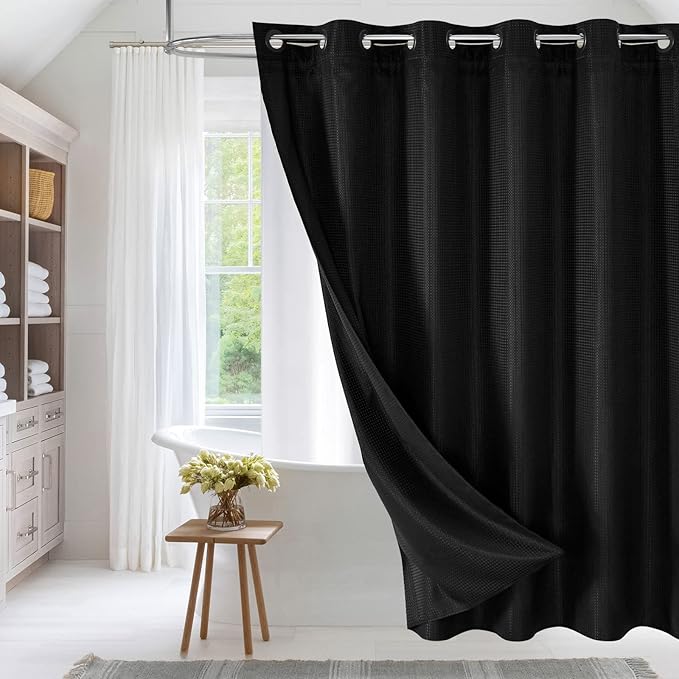 MitoVilla Black Waffle Long Shower Curtain Liner Set 72 x 80, No Hooks Required 80 inch Long Heavyweight Fabric Shower Curtain Set with Snap-in Liner for Hotel Grade Spa-Like Bathroom Decor
