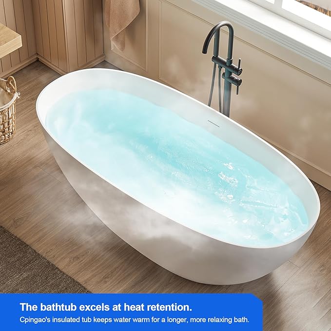 Cpingao 71" Stone Resin Freestanding Bathtub, Contemporary Oval Stand Alone Soaking Tubs, Solid Surface Bathtub with Drain & Integrated Slotted Overflow Matte White 8845-1800