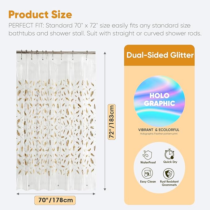 Plastic Shower Curtain Liner, Waterproof Printed PEVA Shower Curtain with Design, Holographic Feather Pattern, Rustproof Grommets, Standard Size 70x72 Bathtub Curtain for Bathroom (Pack of 1)