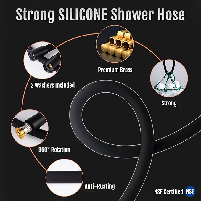 Shower Hose, Food Grade Silicone Shower Head Hose, Kink-Free Handheld Shower Hose Extension, Rv Shower Hose Replacement with Premium Brass Material for Cleaning Pet, Bidet, 60 Inches, Black