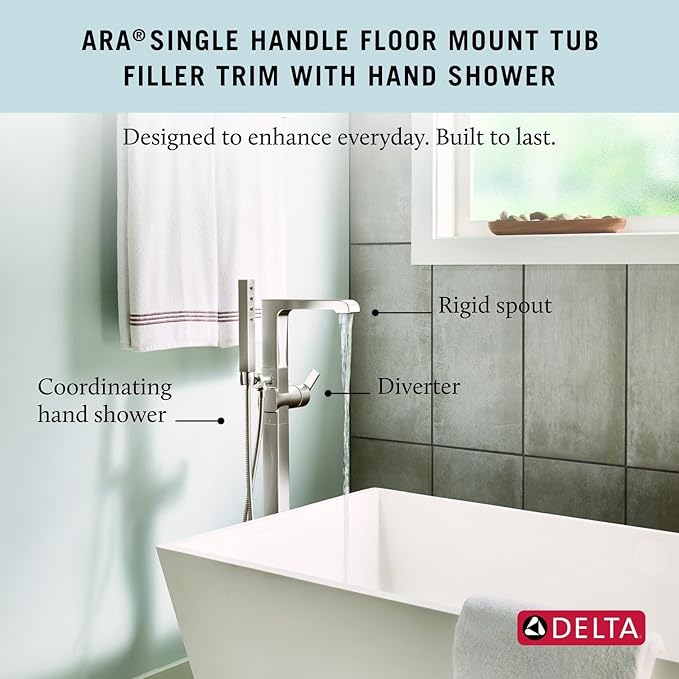 Delta Ara Freestanding Tub Faucet with Hand Held Shower, Brushed Nickel Floor Mount Tub Filler, Stainless T4767-SSFL (Valve Not Included)