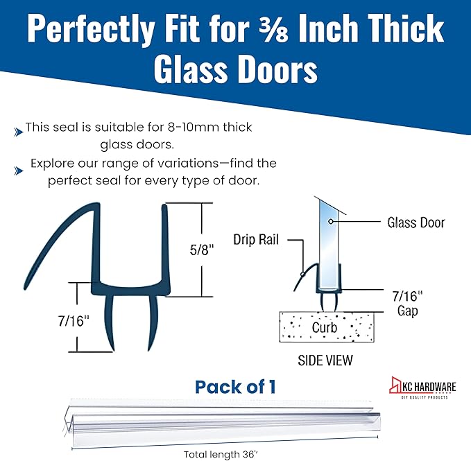 KC Hardware Frameless Shower Door Bottom Seal Strip with Drip Rail - Shower Door Seal Sweep for 3/8 Inch Thick Glass - Acts as a Leak Guard to Prevent Water Leaks - 36 Inch - Ultra Clear - Pack of 1