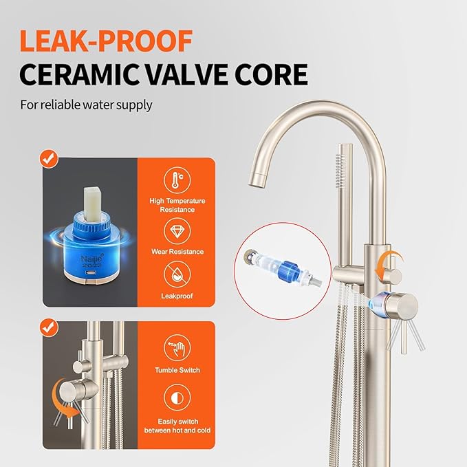Freestanding Bathtub Faucet Waterfall Tub Filler Brushed Nickel Floor Mount Brass Single Handle Bathroom Faucets with Hand Shower (Electroplating color, Water in the side)