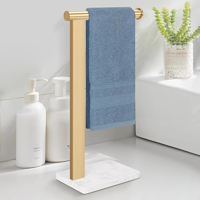 Stainless Steel L-Shaped Hand Towel Holder, SUS304 Bathroom Towel Rack with Thickened Base for Countertop Vanity (Gold, Square Base)