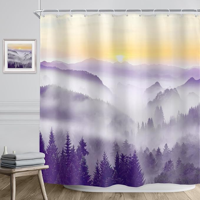 Riyidecor Misty Mountain Shower Curtain 72Wx72H Inch Purple Sunrise Nature Scenery Foggy Pine Tree Woodland Modern Rustic Natural Landscape Bathroom Decor Fabric Polyester Waterproof 12 Pack Hooks