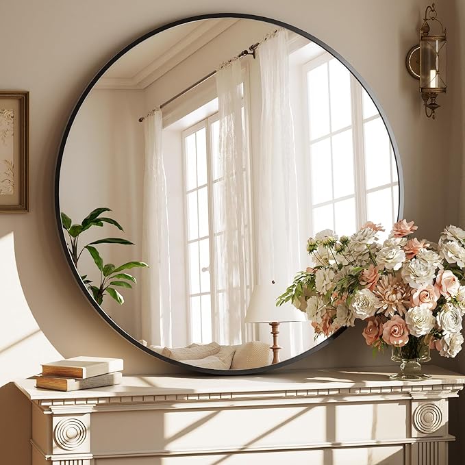 42 Inch Round Black Metal Wall Mirror - Stylish Circle Mirror for Entryway, Bathroom, and Living Room Decor | Matte Black Circle Wall Mirror