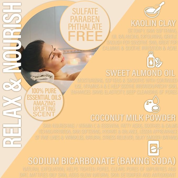 Luxiny Vegan Milk Bath Soak Made with Moisturizing Coconut Milk Powder, Essential Oil, & Sweet Almond Oil for Bath Bomb Dust Soothing Fizz & Relaxing Soak, 8 oz. (Citrus Splash)