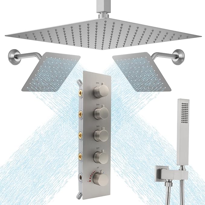 Thermostatic Shower System Three Shower Heads with 16" Ceiling Mounted Rain Shower Head & 2 x 6" Wall Mounted Head 4 Function Shower System Can All Run Together, Brushed Nickel