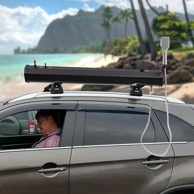 TFCFL 7.93 Gallon Roof Rack Mount Road Shower, High Pressure Outdoor Camping Shower with Long Hose, Portable Camping Solar Shower for Camping, Hiking, Beach, Pet & Gear Cleaning, Black