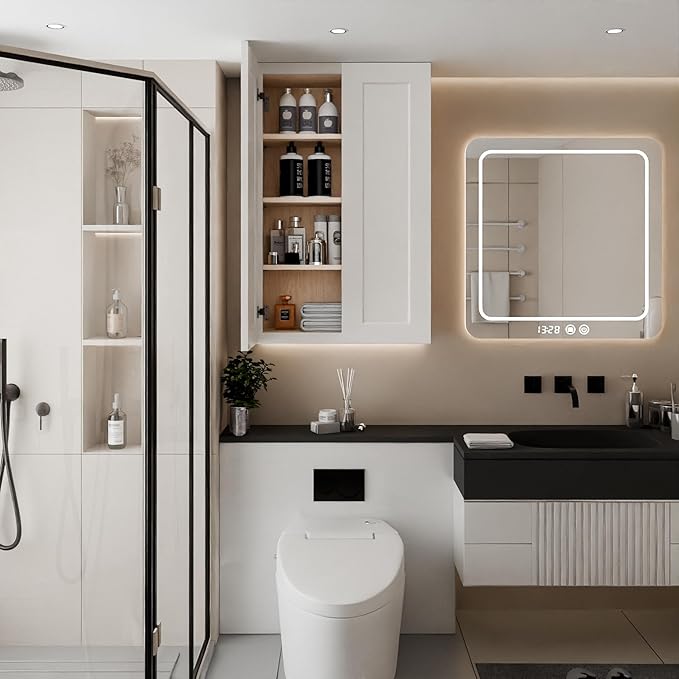 27 Inch Laundry Room Cabinets Wall Mounted, Solid Wood Over The Toilet Storage Cabinet, Bathroom Organizer Cabinets with 2 Shaker Door & 3 Shelves, Easy to Assemble for Kitchen, Garage - White