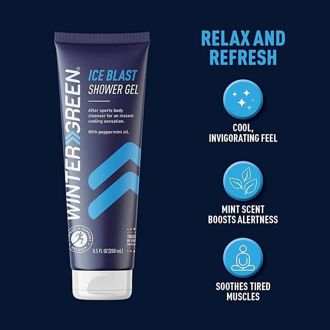 Wintergreen Ice Blast Shower Gel, 8.5 oz – Cooling Post-Workout Body Wash for Men and Women, Infused with Peppermint Extracts, Deep Cleansing and Refreshing for Athletes