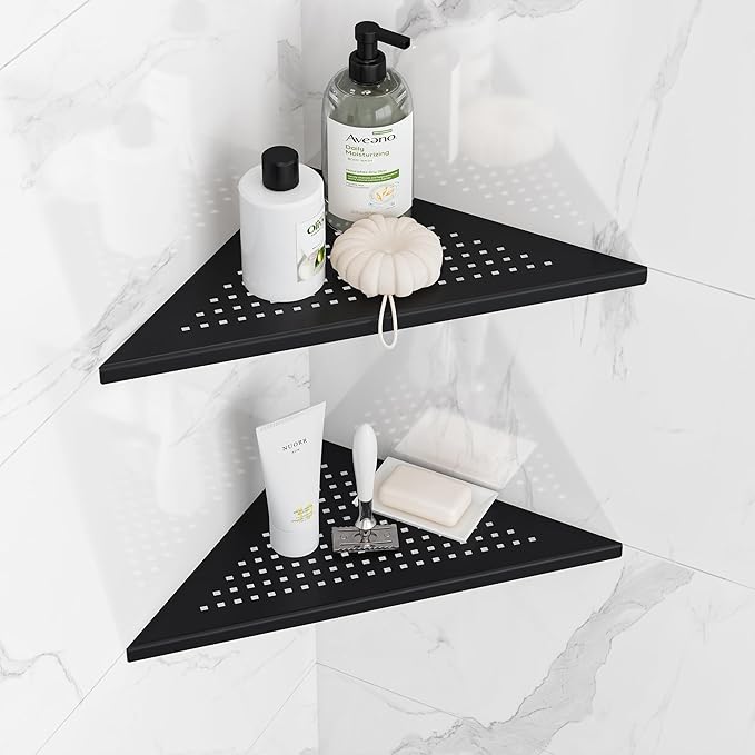 Neodrain 10 Inch Corner Matte Black Wall Shelf Set of 2, Floating Corner Shelves for Wall, 304 Stainless Steel Storage Shelves for Bathroom,No Drilling