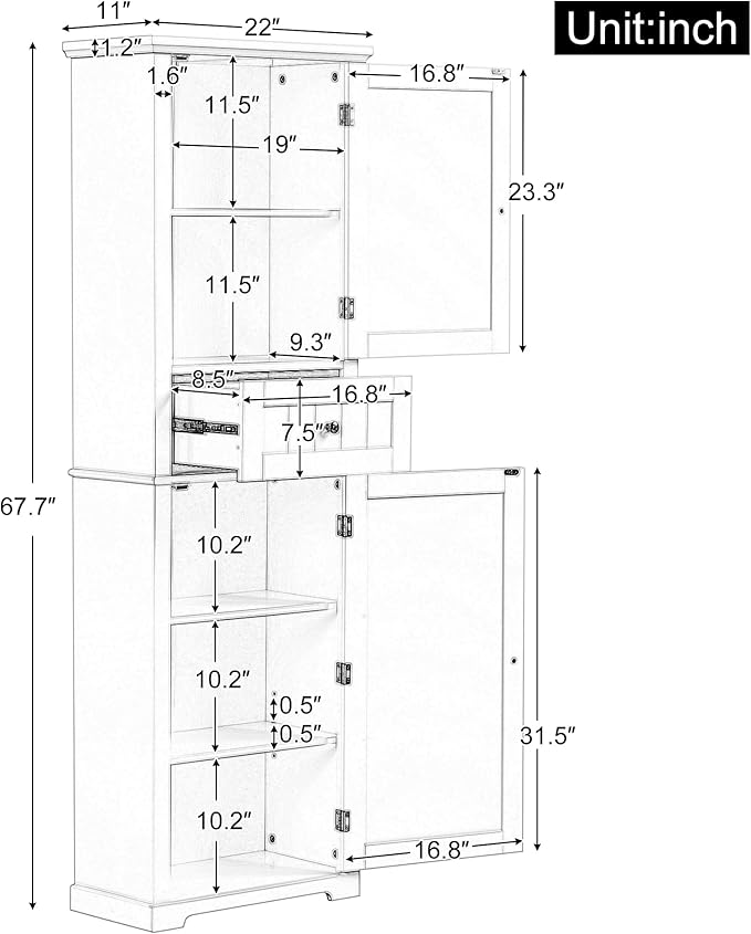 Favfurish 68" Tall Bathroom Storage Cabinet with Doors and Drawer,Modern Linen Cabinets w/Adjustable Shelf and Anti-Toppling Device,Freestanding Organizer for Bath Room,Study,Office,Kitchen White