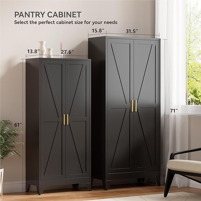 71" Metal Storage Cabinet - 5-Tier Heavy-Duty Pantry Cabinet with Adjustable Shelves & Barn Doors for Kitchen Garage, Black