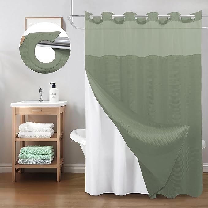 Inhousolu Extra Long No Hook Shower Curtain with Snap in Fabric Liner Set Waffle Weave 230GSM Weighted Hem, Waterproof & Washable Bathroom Curtain Spa with Mesh Top Window 72" W x 84" L Sage Green