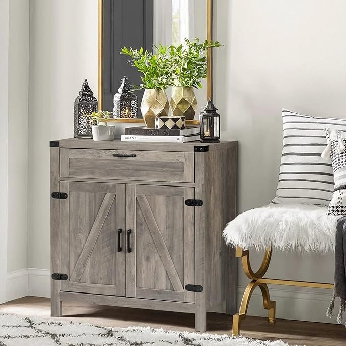 VINGLI Modern Farmhouse Sideboard Buffet Cabinet with Drawer, Storage Cabinet with Doors and Adjustable Shelves, Coffee Bar Station for Kitchen, Dining Room and Living Room, Ash Grey