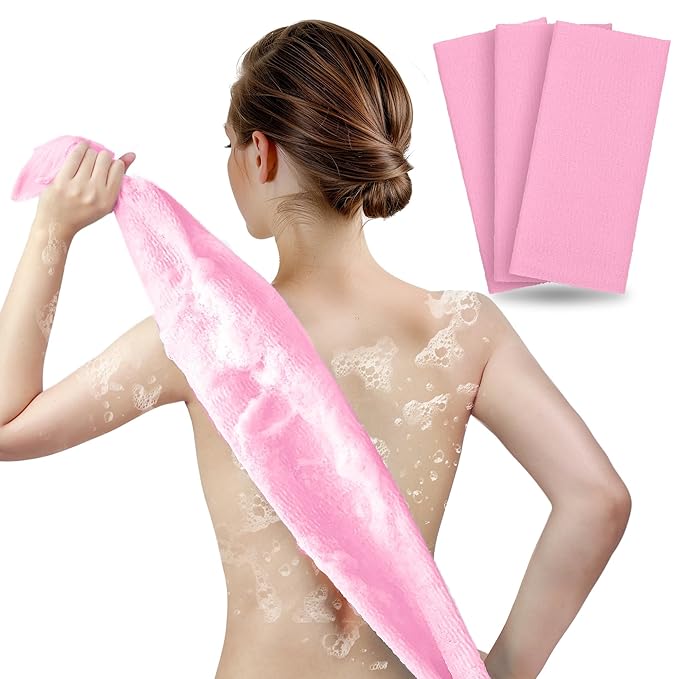 ARCH&M Back Scrubber & Exfoliating Washcloth (3 Pack) - The Ultimate Solution for Back Acne & Rough Skin, 35-Inch Japanese Towel for Full Body Cleansing (Pink x 3)