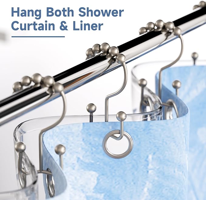 Titanker Shower Curtain Hooks Rings, Rust-Resistant Metal Double Glide Shower Hooks for Bathroom Shower Rods Curtains, Set of 12 Hooks - Matte Nickel