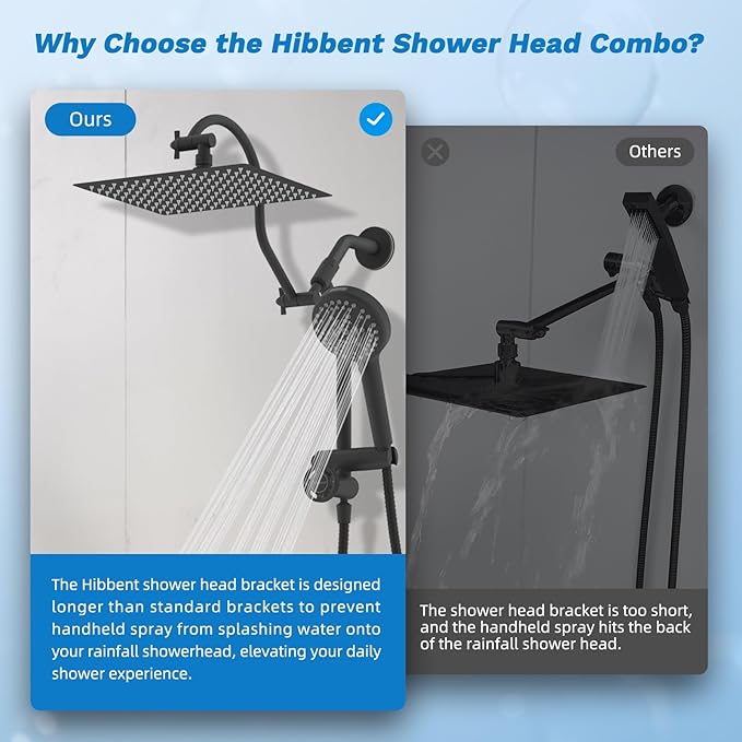 Hibbent cUPC Certified All Metal 12" Rainfall Showerhead Combo, High Pressure Shower Head with 10-Sprays Handheld, Innovative 4-way Diverter with Pause Mode, 71'' Shower Hose and Holder, Matte Black