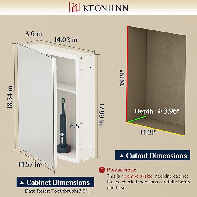 Keonjinn Small-Sized White Medicine Cabinet 14.5 x 18.5 Inch, One Shelf Only, Assembly Required, Mini Medicine Cabinet Mirror for Compact Bathroom, Free Adjustable Shelves, Wall Mount or Recessed